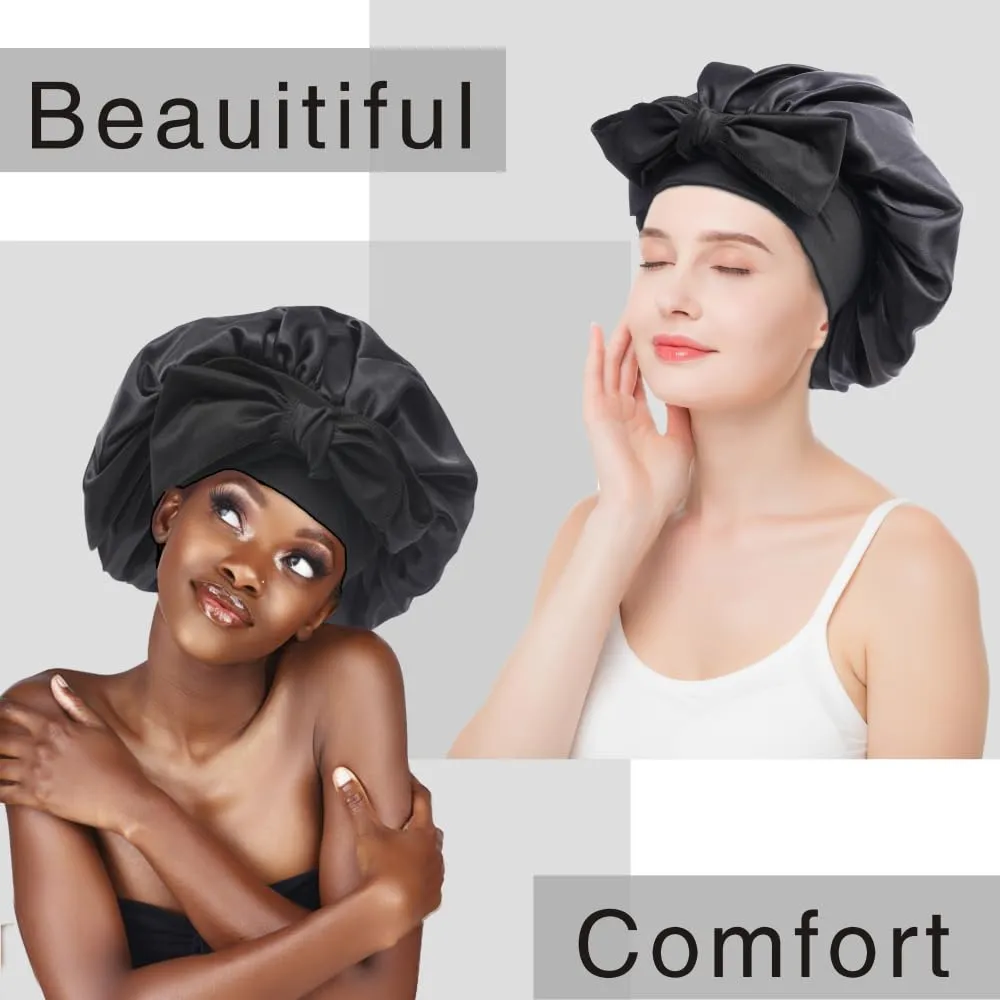Silk Bonnet for Sleeping Women, Ajustable Hair Bonnet for Curly Hair with Tie Band Shower Caps BlackLarge