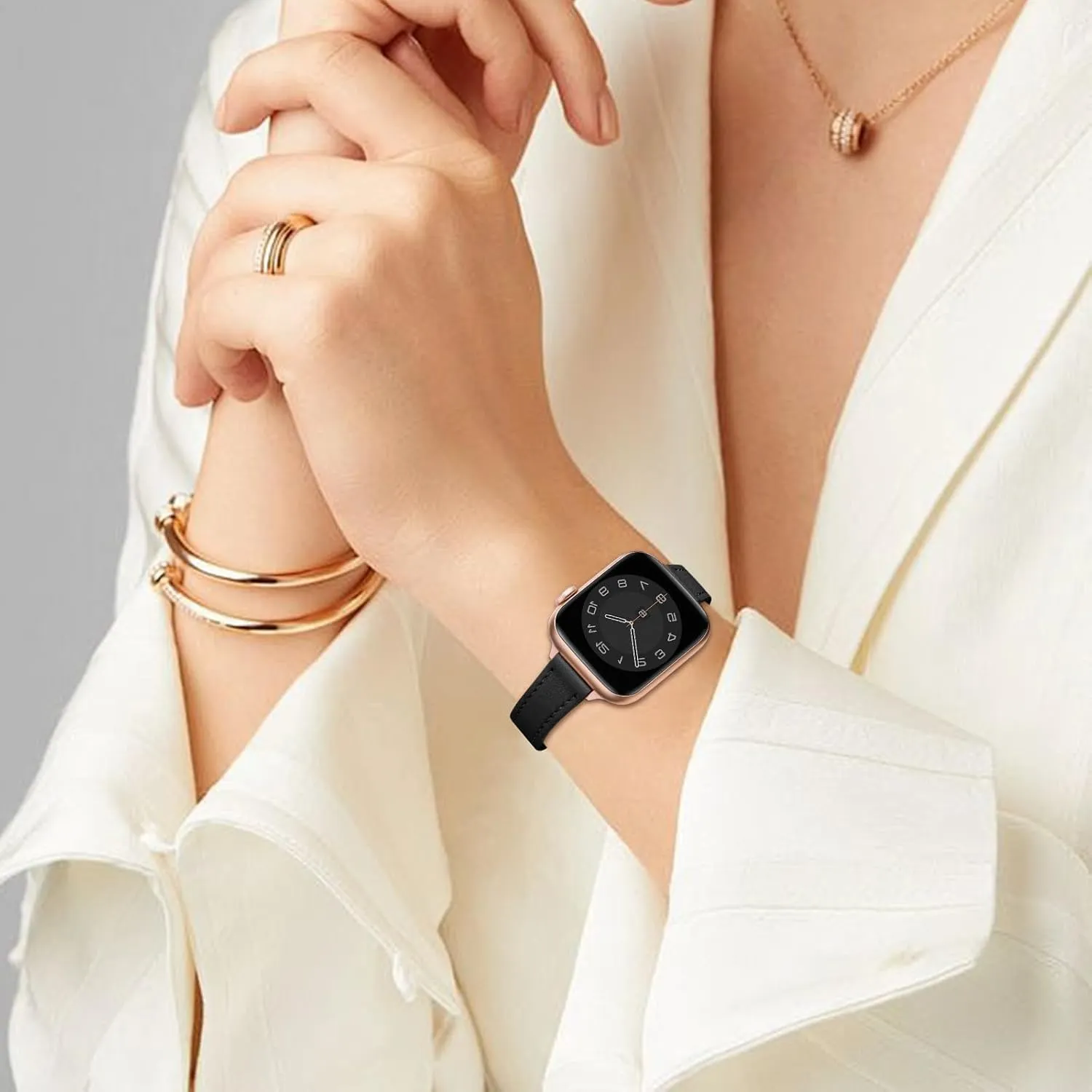 STIROLL Slim Leather Bands Compatible with Apple Watch Band 38mm 40mm 41mm 42mm 44mm 45mm 46mm 49mm, Top Grain Leather Watch Thin Wristband for iWatch Ultra SE Series 10/9/8/7/6/5/4/3/2/1