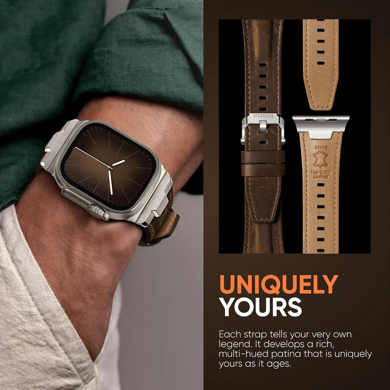 Suitisbest Leather Bands Compatible for Apple Watch Ultra Band 49mm 46mm 45mm 44mm 42mm, Genuine Leather Rugged Durable Matel Connector Replacement Strap for Women Men iWatch Ultra 10 9 8 7 6 5 4 3 SE