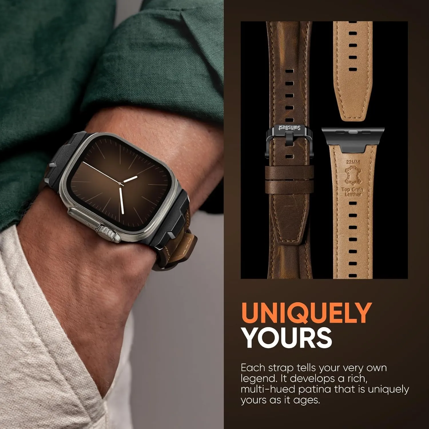 Suitisbest Leather Bands Compatible for Apple Watch Ultra Band 49mm 46mm 45mm 44mm 42mm, Genuine Leather Rugged Durable Matel Connector Replacement Strap for Women Men iWatch Ultra 10 9 8 7 6 5 4 3 SE