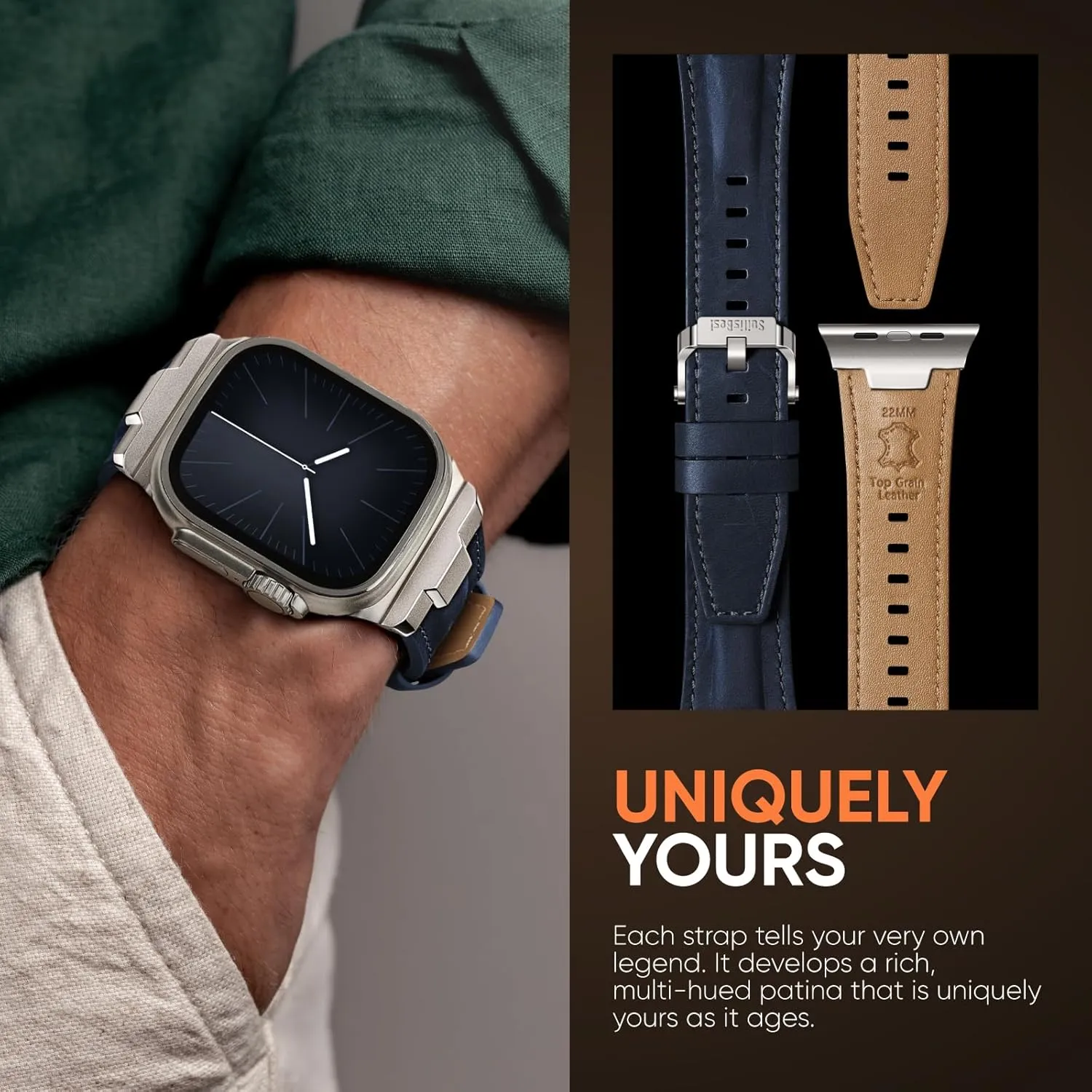Suitisbest Leather Bands Compatible for Apple Watch Ultra Band 49mm 46mm 45mm 44mm 42mm, Genuine Leather Rugged Durable Matel Connector Replacement Strap for Women Men iWatch Ultra 10 9 8 7 6 5 4 3 SE