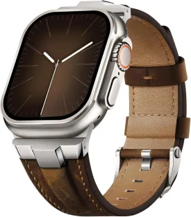 Suitisbest Leather Bands Compatible for Apple Watch Ultra Band 49mm 46mm 45mm 44mm 42mm, Genuine Leather Rugged Durable Matel Connector Replacement Strap for Women Men iWatch Ultra 10 9 8 7 6 5 4 3 SE
