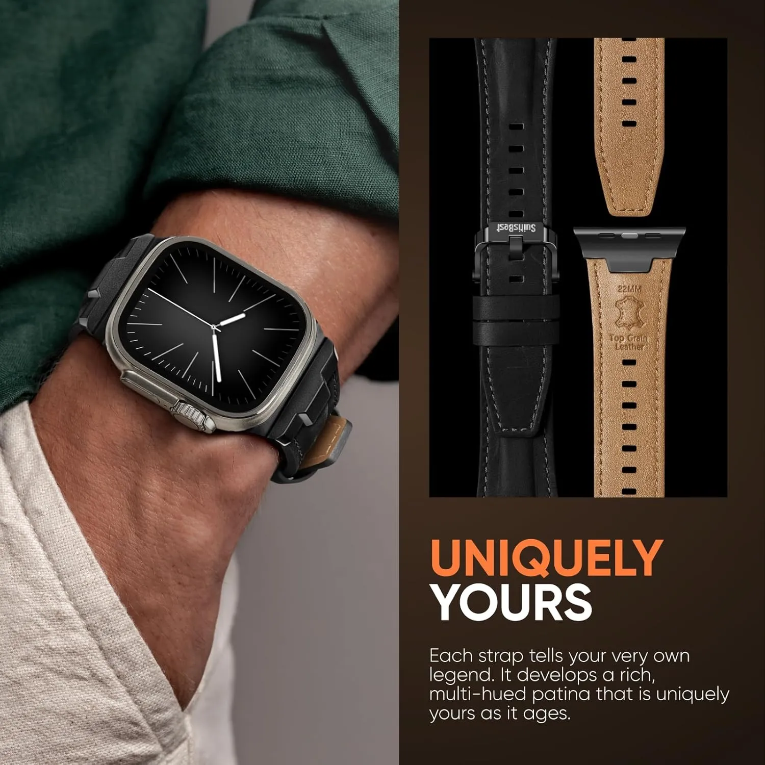 Suitisbest Leather Bands Compatible for Apple Watch Ultra Band 49mm 46mm 45mm 44mm 42mm, Genuine Leather Rugged Durable Matel Connector Replacement Strap for Women Men iWatch Ultra 10 9 8 7 6 5 4 3 SE