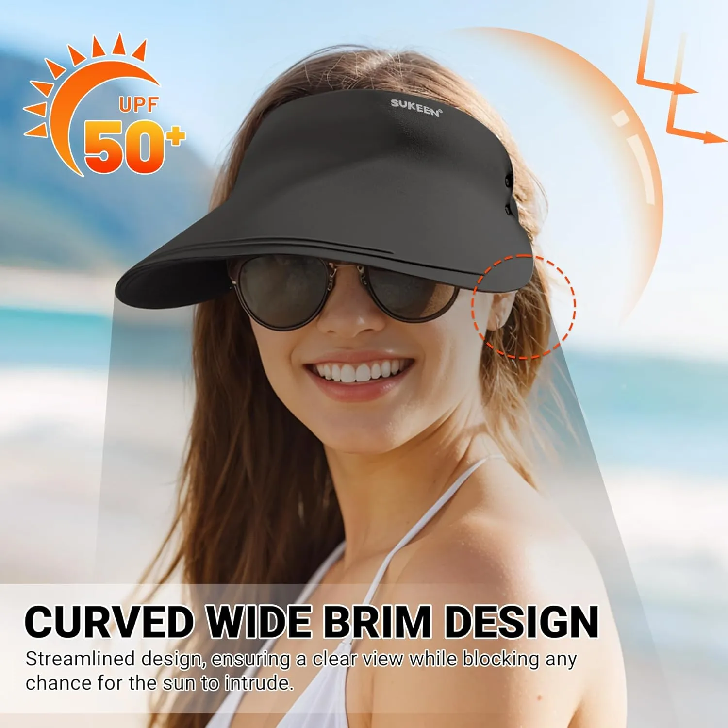 Sukeen Wide Brim Sun Visor Hat for Women Men,UPF50  Seamless Sun Hats Foldable Ponytail Beach Hats for Daily Outdoor Sport
