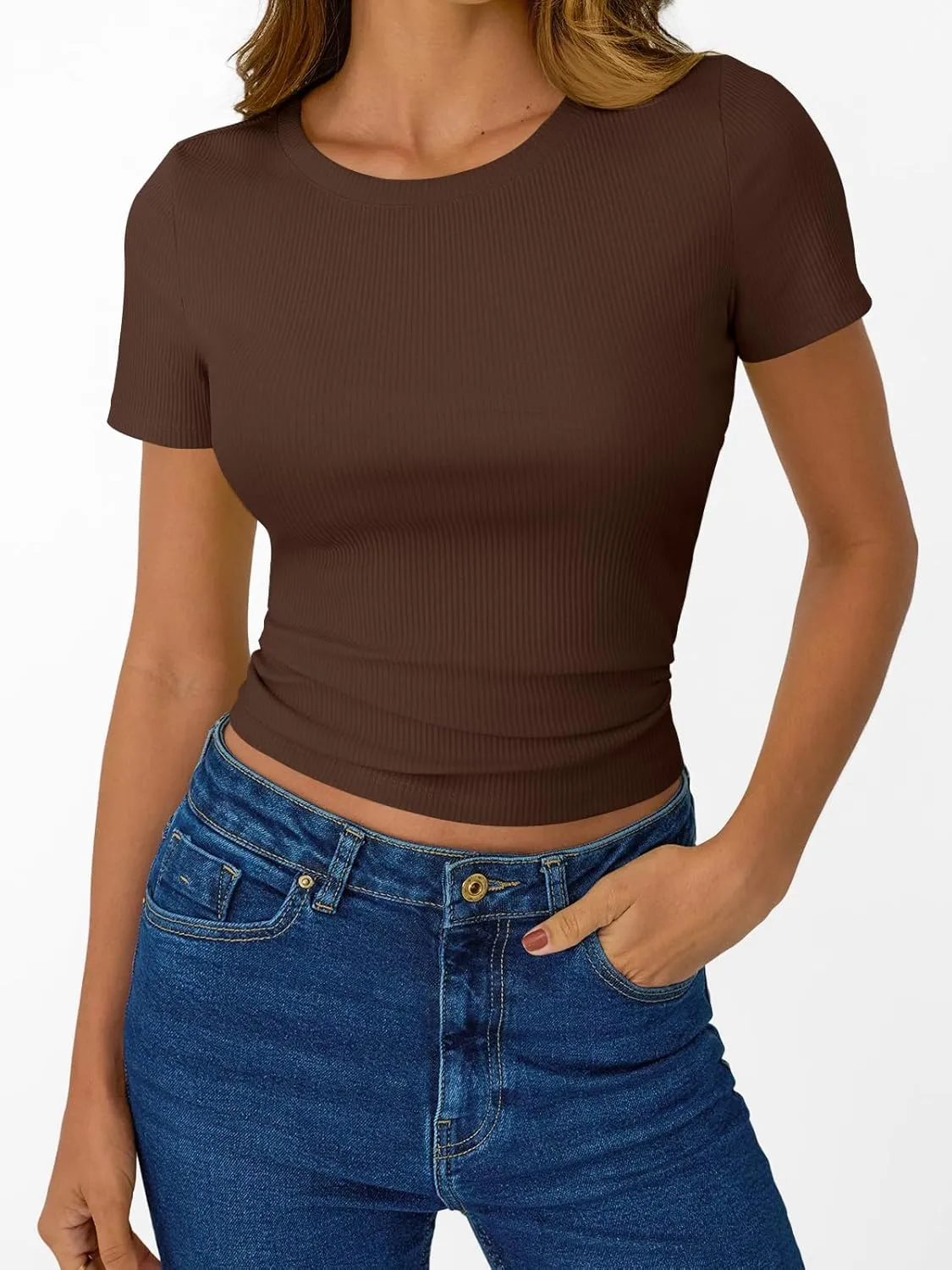 SUNBS 3 Pack Womens Short Sleeve Shirts Ribbed Knit Slim Fitted T-Shirt Summer Basic Tee 2025 Tops
