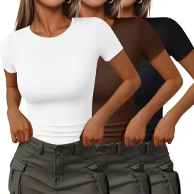 SUNBS 3 Pack Womens Short Sleeve Shirts Ribbed Knit Slim Fitted T-Shirt Summer Basic Tee 2025 Tops