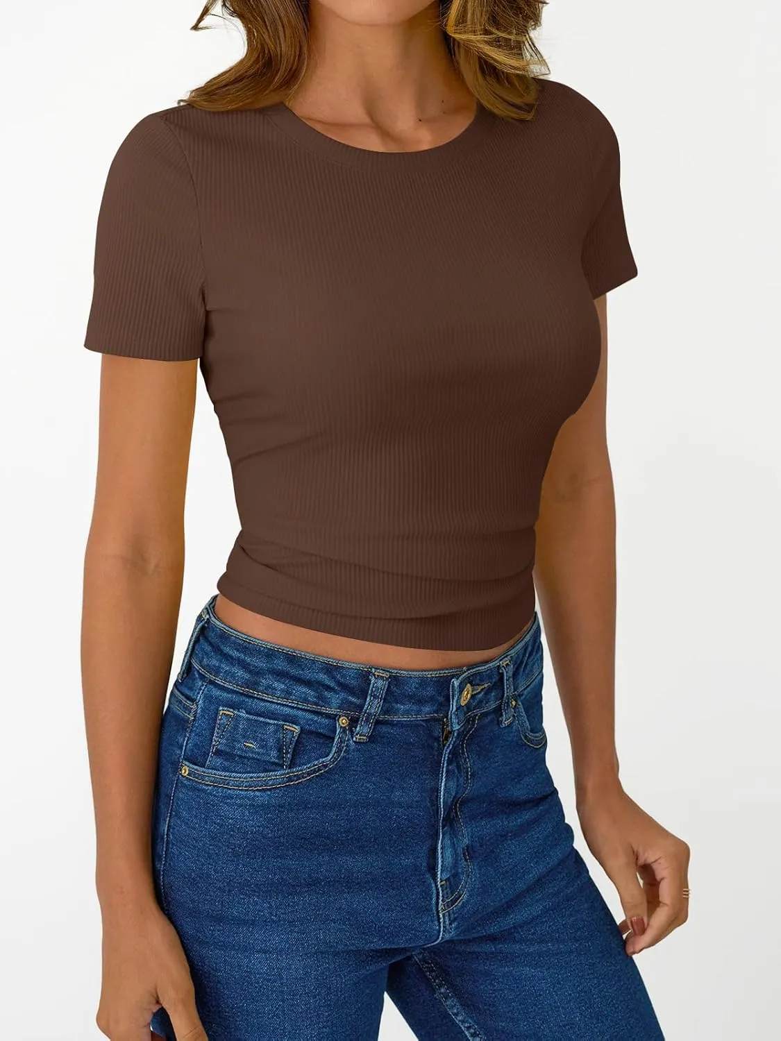 SUNBS 3 Pack Womens Short Sleeve Shirts Ribbed Knit Slim Fitted T-Shirt Summer Basic Tee 2025 Tops