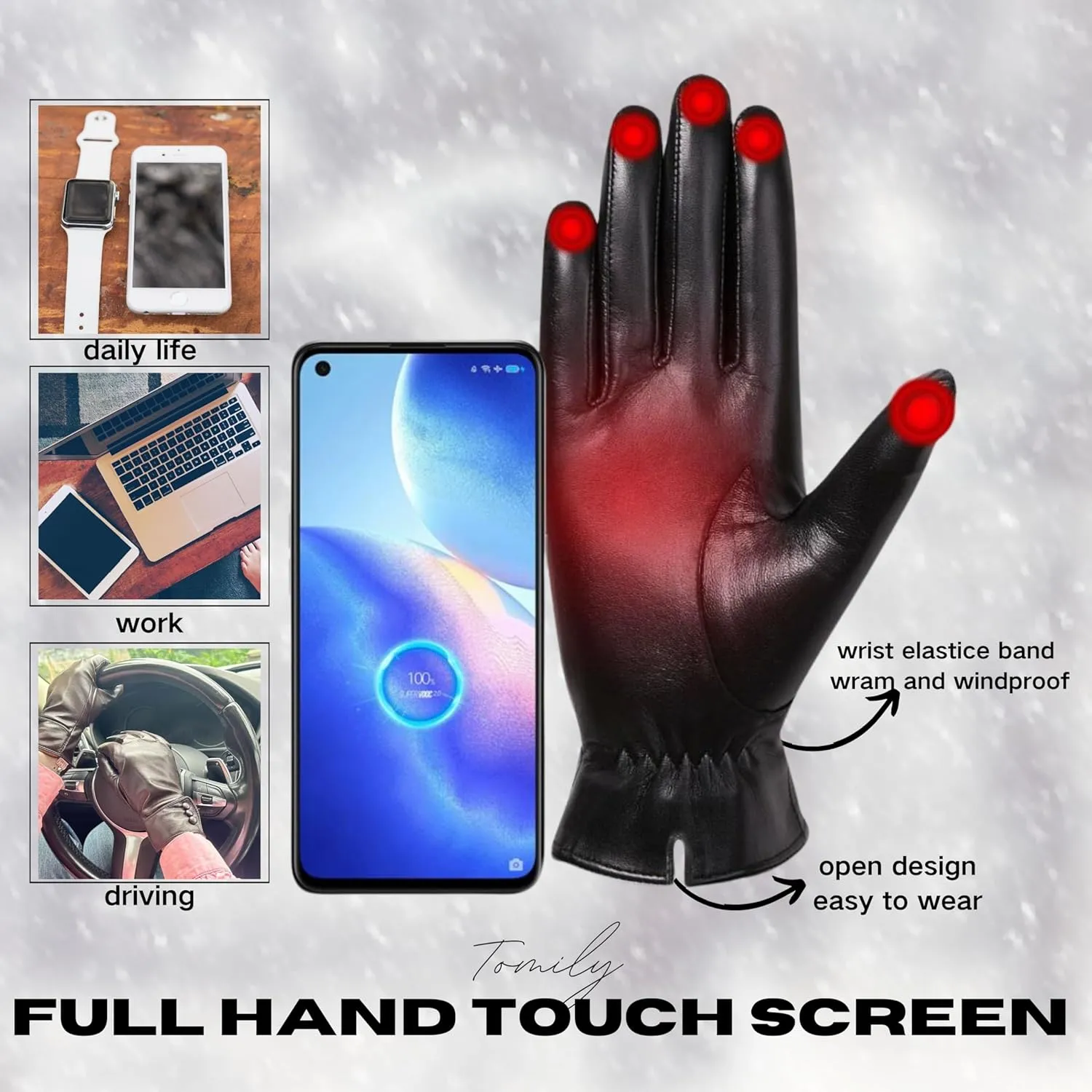 Tomily Women's Winter Leather Gloves,Touch Screen Outdoor Fleece Lined Windproof Driving Dress Gloves