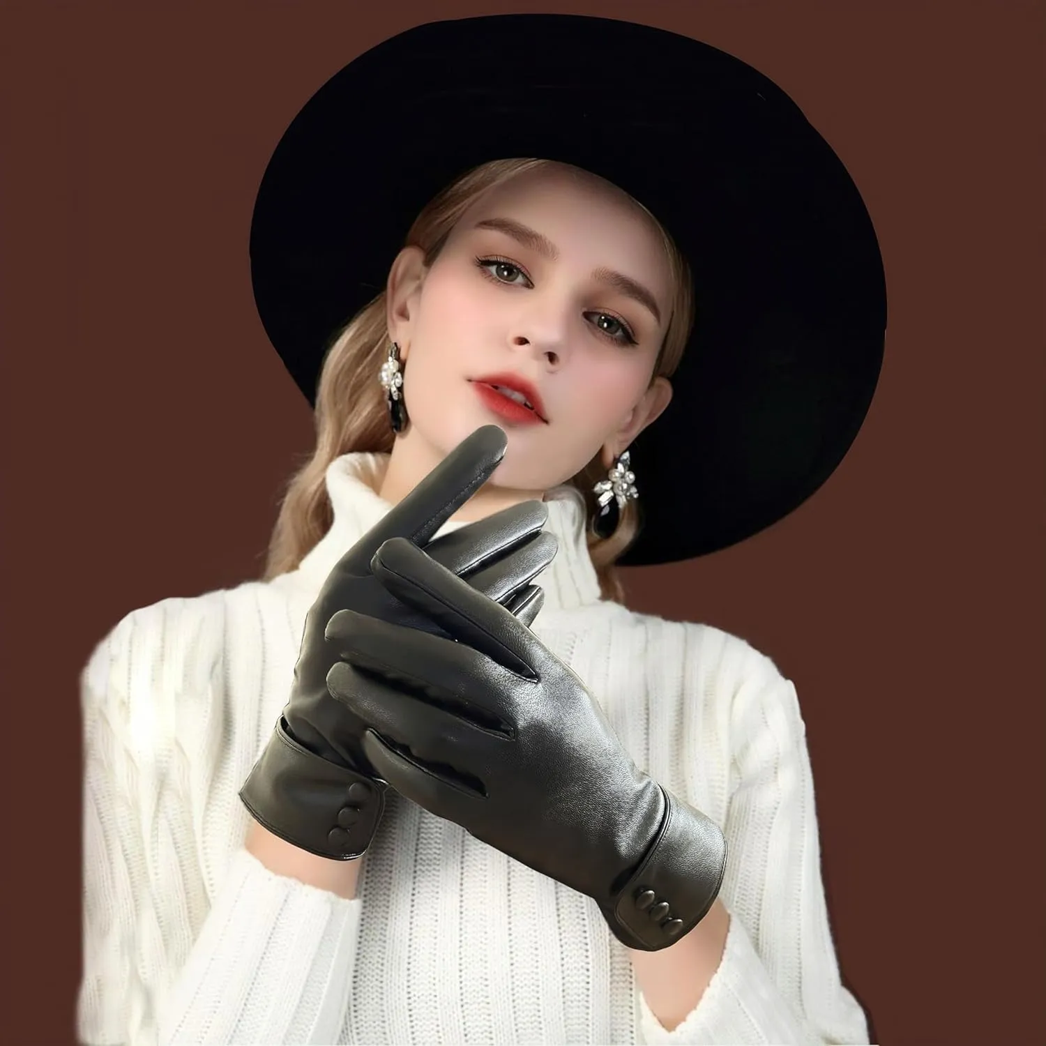 Tomily Women's Winter Leather Gloves,Touch Screen Outdoor Fleece Lined Windproof Driving Dress Gloves