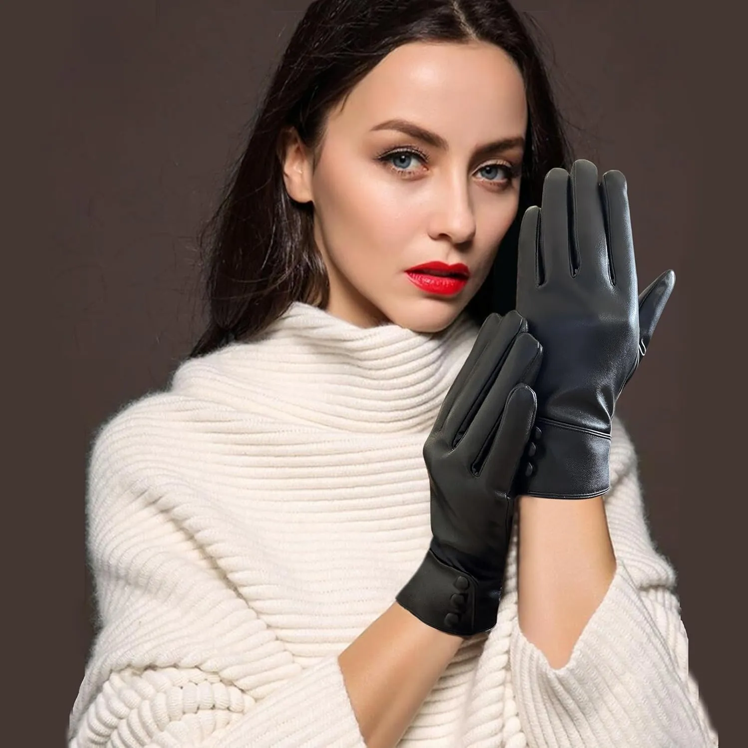 Tomily Women's Winter Leather Gloves,Touch Screen Outdoor Fleece Lined Windproof Driving Dress Gloves