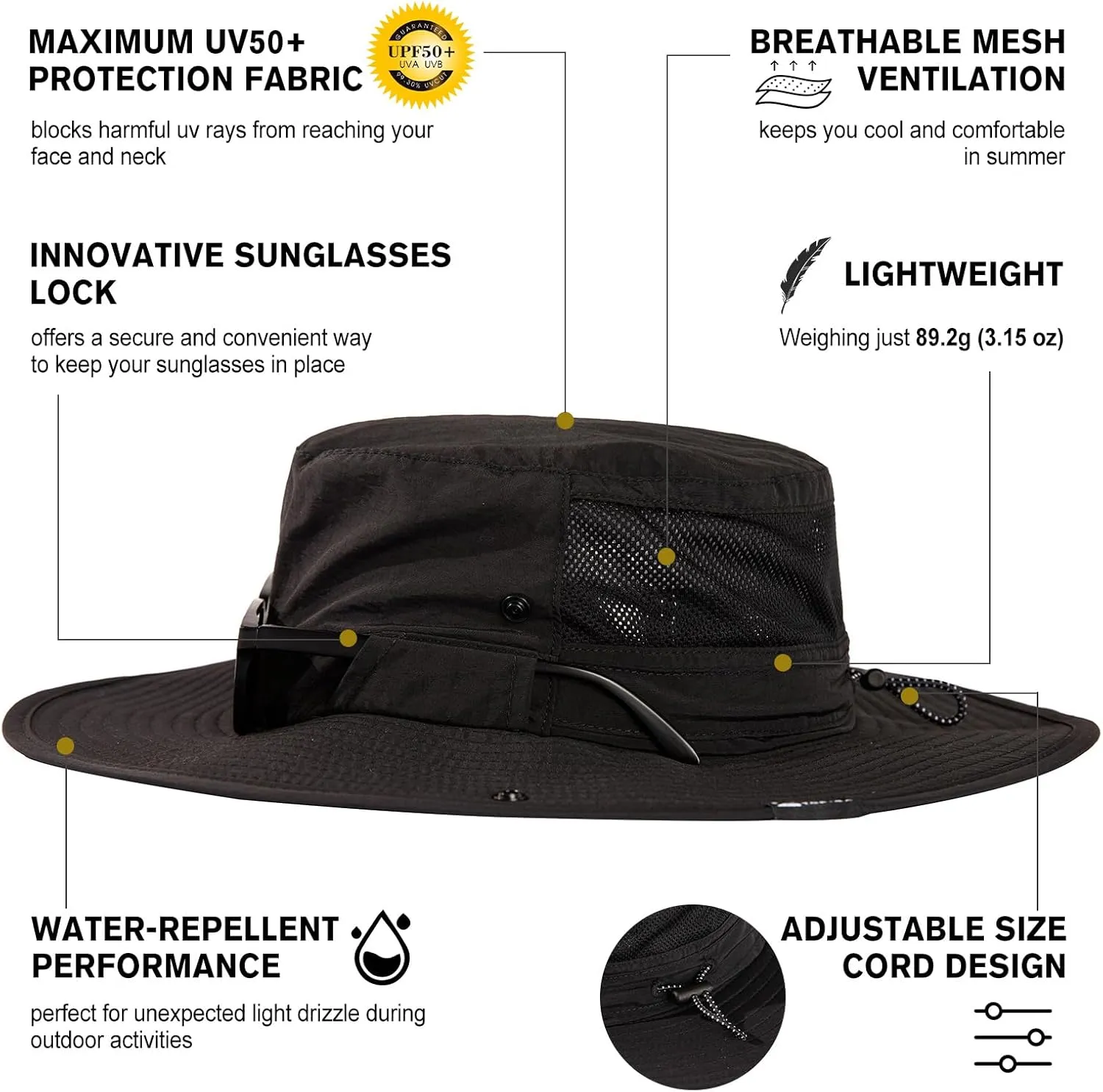 TOP-EX L/XL/XXL UV50  Waterproof Wide Brim Bucket Sun Hat for Summer Fishing Hiking w/Detachable Strap & Vented Mesh