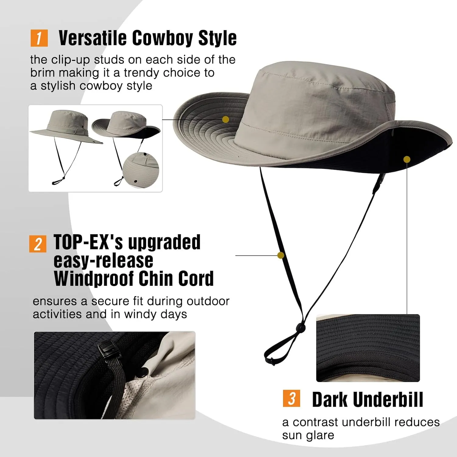 TOP-EX L/XL/XXL UV50  Waterproof Wide Brim Bucket Sun Hat for Summer Fishing Hiking w/Detachable Strap & Vented Mesh