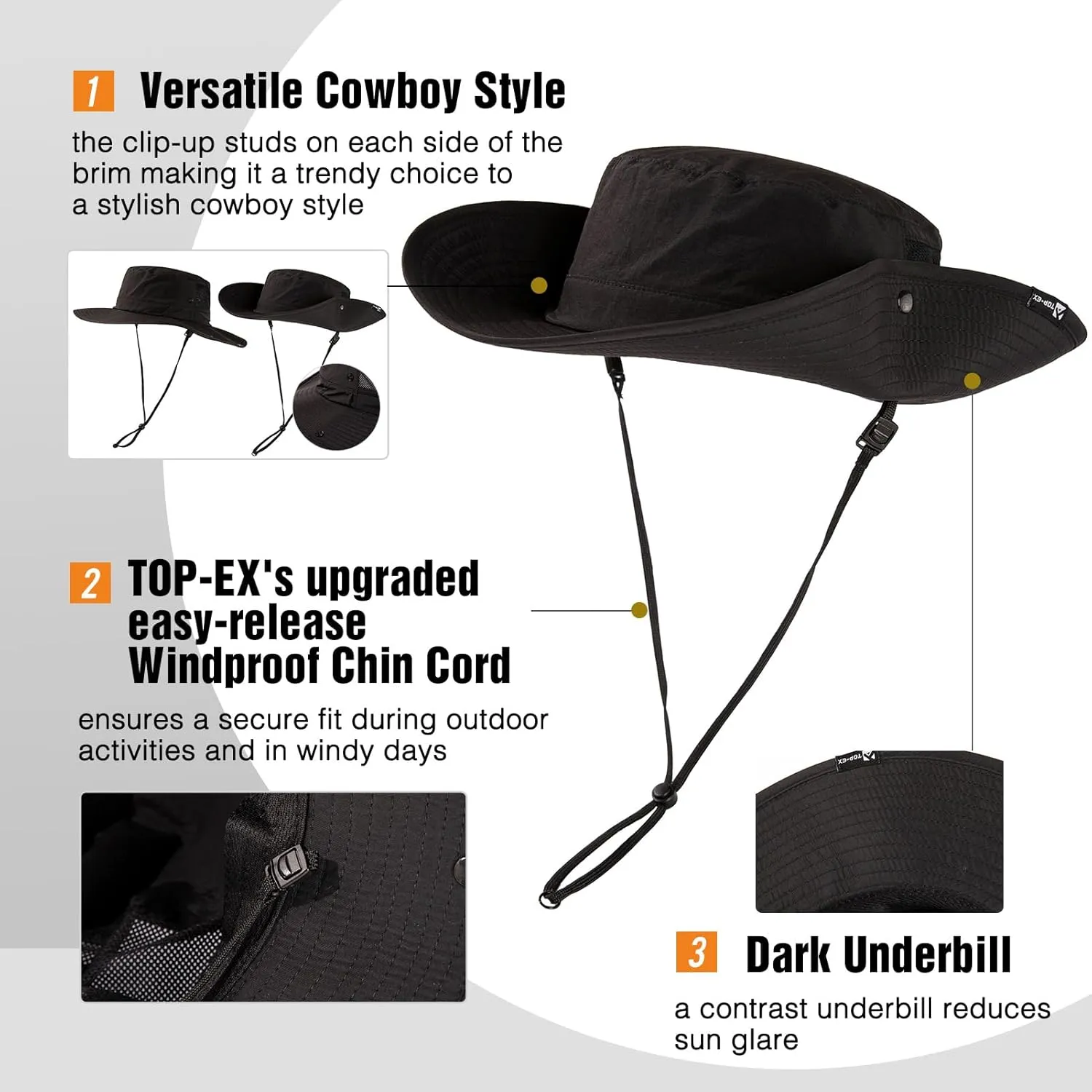TOP-EX L/XL/XXL UV50  Waterproof Wide Brim Bucket Sun Hat for Summer Fishing Hiking w/Detachable Strap & Vented Mesh