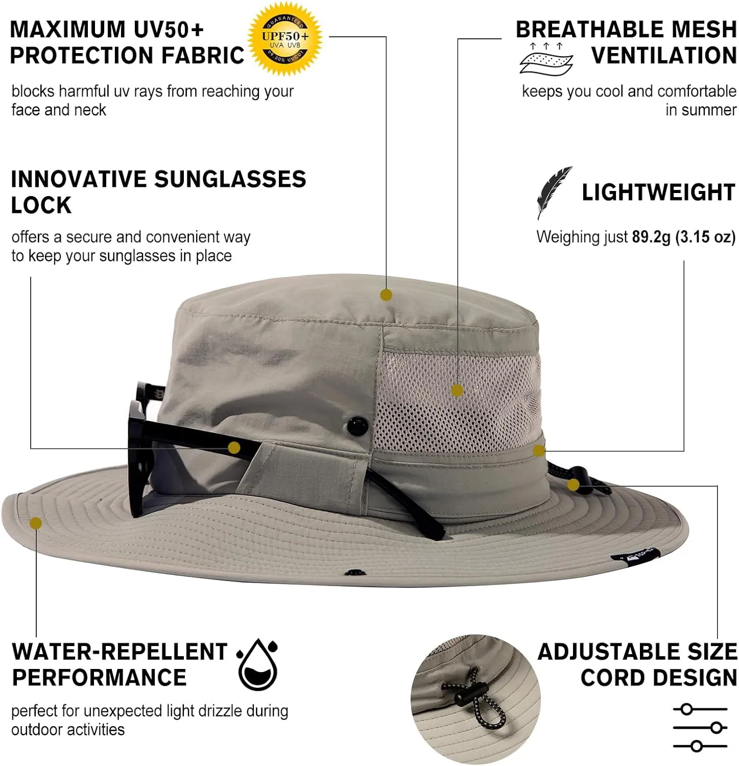 TOP-EX L/XL/XXL UV50  Waterproof Wide Brim Bucket Sun Hat for Summer Fishing Hiking w/Detachable Strap & Vented Mesh