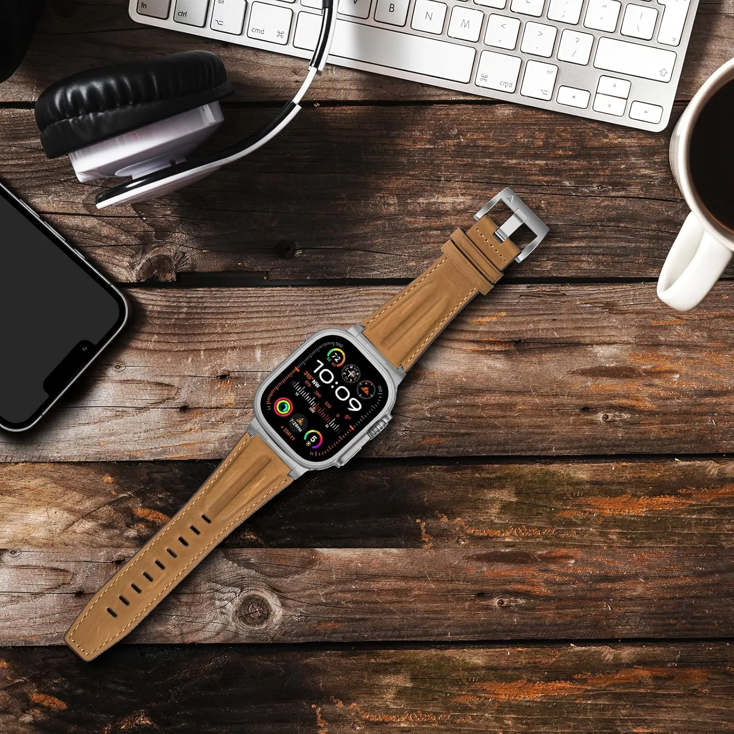 Top Grain Genuine Leather Compatible with Apple Watch Ultra Band 49mm 46mm 45mm 44mm 42mm, Rugged Metal Connector Band Strap for Women Men iWatch Ultra 2/1 Series 10 9 8 7 6 5 4 3 2 1 SE