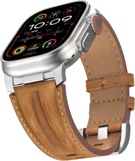 Top Grain Genuine Leather Compatible with Apple Watch Ultra Band 49mm 46mm 45mm 44mm 42mm, Rugged Metal Connector Band Strap for Women Men iWatch Ultra 2/1 Series 10 9 8 7 6 5 4 3 2 1 SE