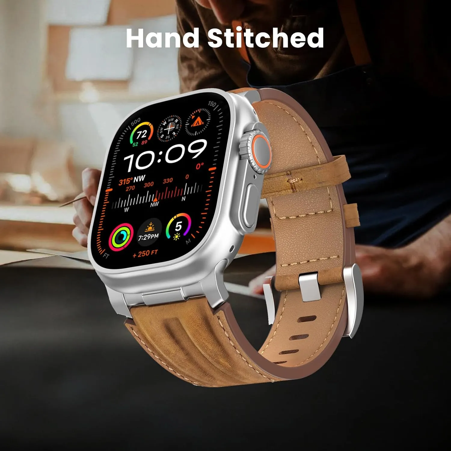Top Grain Genuine Leather Compatible with Apple Watch Ultra Band 49mm 46mm 45mm 44mm 42mm, Rugged Metal Connector Band Strap for Women Men iWatch Ultra 2/1 Series 10 9 8 7 6 5 4 3 2 1 SE