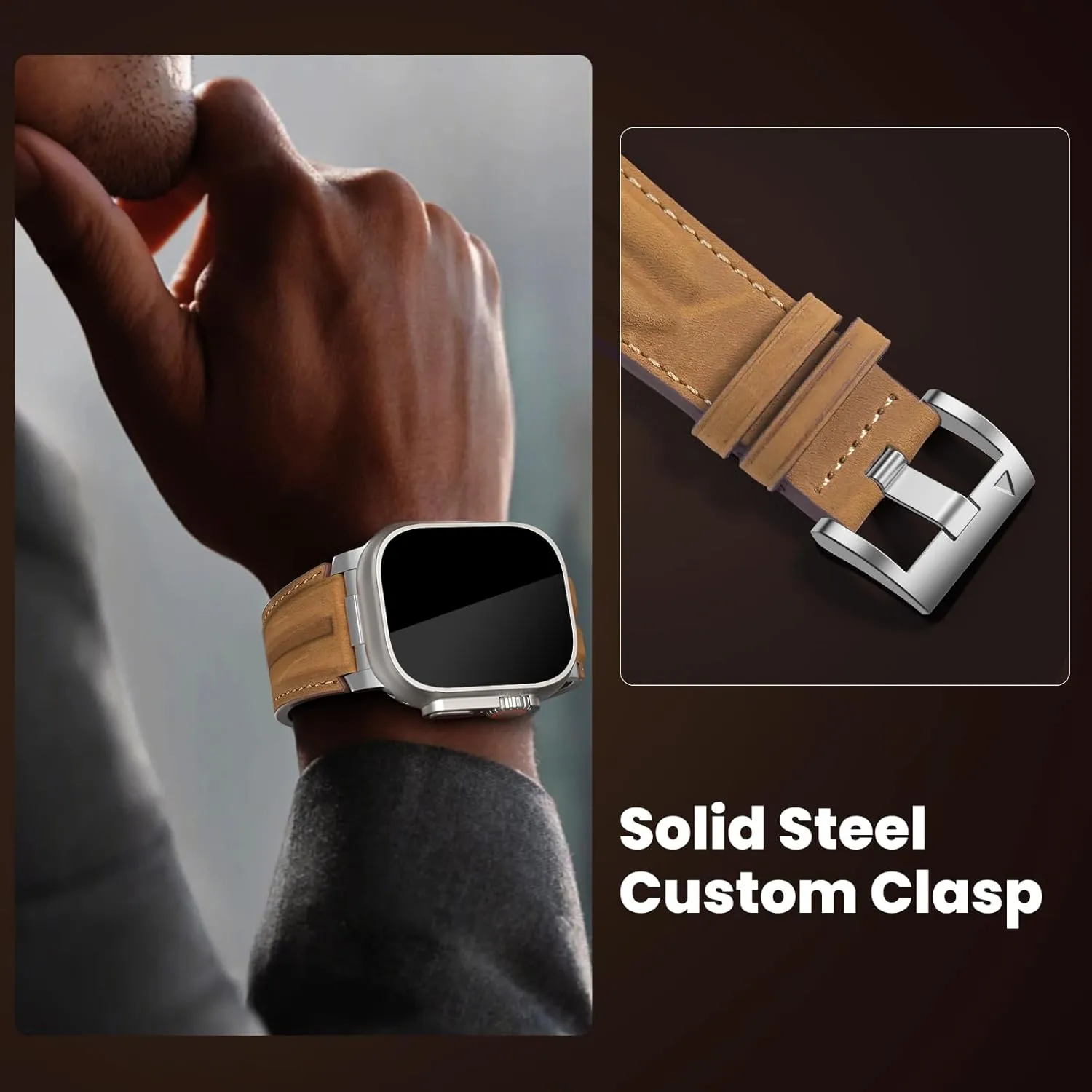 Top Grain Genuine Leather Compatible with Apple Watch Ultra Band 49mm 46mm 45mm 44mm 42mm, Rugged Metal Connector Band Strap for Women Men iWatch Ultra 2/1 Series 10 9 8 7 6 5 4 3 2 1 SE