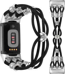 TOYOUTHS Beaded Bracelet Band Compatible with Fitbit Charge 6 Bands/Fitbit Charge 5 Bands Women, Boho Soft Elastic Stretchy Nylon Braided Strap Fancy Charms Designer Breathable Sport Wristband, XS