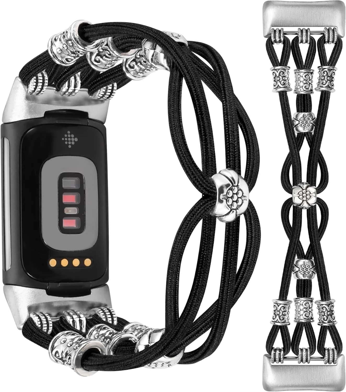 TOYOUTHS Beaded Bracelet Band Compatible with Fitbit Charge 6 Bands/Fitbit Charge 5 Bands Women, Boho Soft Elastic Stretchy Nylon Braided Strap Fancy Charms Designer Breathable Sport Wristband, XS