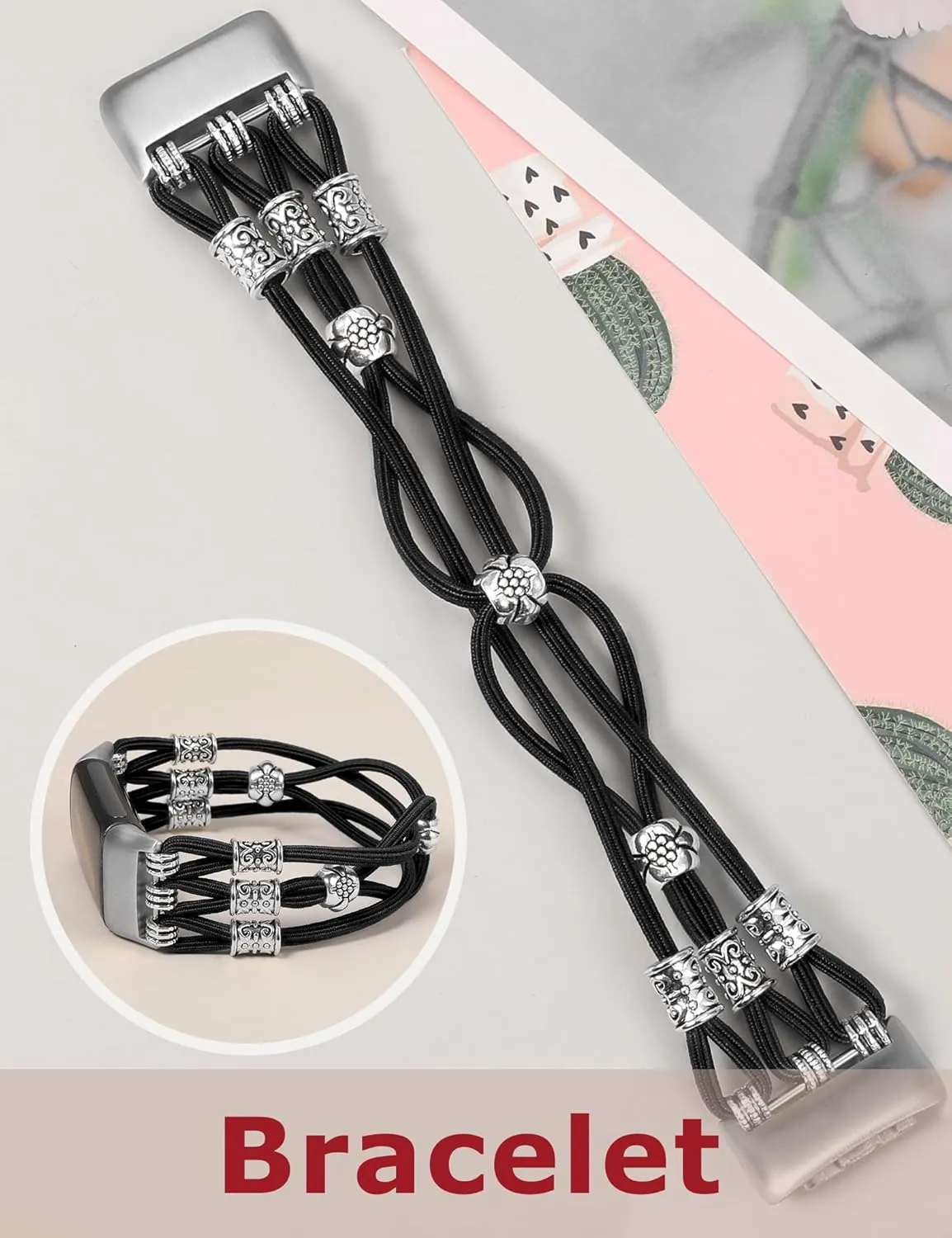 TOYOUTHS Beaded Bracelet Band Compatible with Fitbit Charge 6 Bands/Fitbit Charge 5 Bands Women, Boho Soft Elastic Stretchy Nylon Braided Strap Fancy Charms Designer Breathable Sport Wristband, XS
