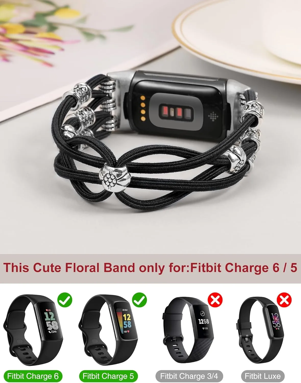 TOYOUTHS Beaded Bracelet Band Compatible with Fitbit Charge 6 Bands/Fitbit Charge 5 Bands Women, Boho Soft Elastic Stretchy Nylon Braided Strap Fancy Charms Designer Breathable Sport Wristband, XS