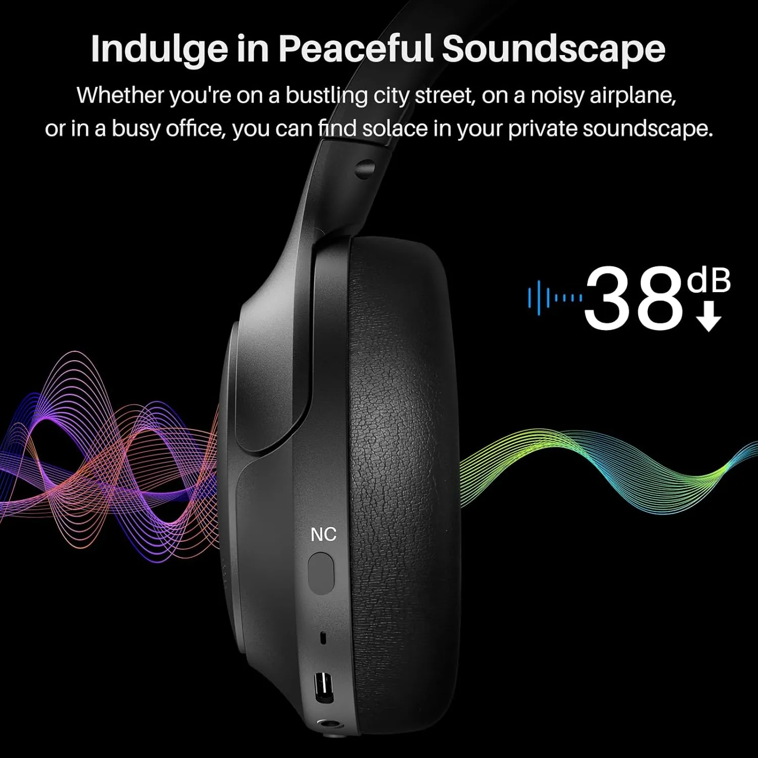 TOZO HT2 Hybrid Active Noise Cancelling Headphones, Wireless Over Ear Bluetooth Headset, 60H Playtime, Hi-Res Audio Custom EQ via App Deep Bass Comfort Fit Ear Cups, for Home Office Travel Black