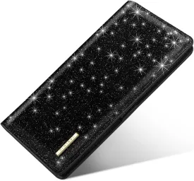 Ultra Slim Womens Wallet Minimalist Thin Long Leather Bifold Wallet RFID Blocking Card Holder Organizer with Zipper Coin Pocket Ladies Girls Gift Purse, Glitter Black