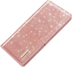 Ultra Slim Womens Wallet Minimalist Thin Long Leather Bifold Wallet RFID Blocking Card Holder Organizer with Zipper Coin Pocket Ladies Girls Gift Purse, Glitter Rose Gold