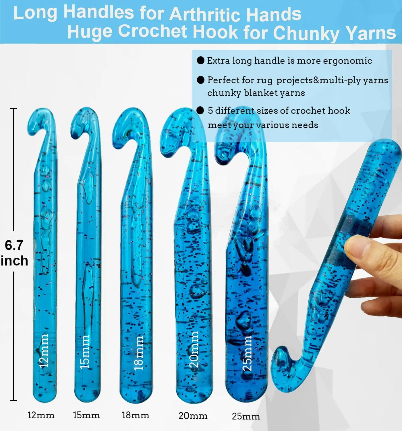 Weabetfu 25mm Large Crochet Hook,Huge Crochet Hooks for Chunky Yarn,Ergonomic Knitting Giant Crochet Hooks,Big Crochet Hooks for Knitting Yarn Carpet Scarf Wool Roving, Blue