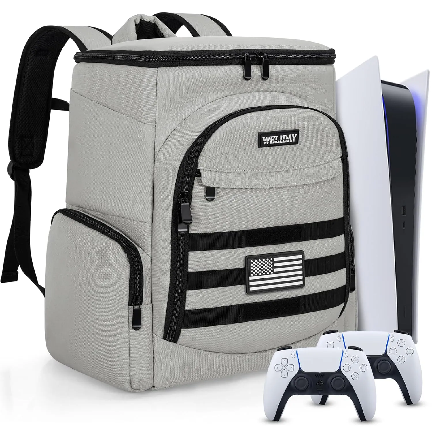WELIDAY Gaming Console Backpack Compatible with PS5/PS5 Slim/PS5 Pro, Protective Travel Case with 15.6 Laptop Compartment and Multiple Pockets (Grey)