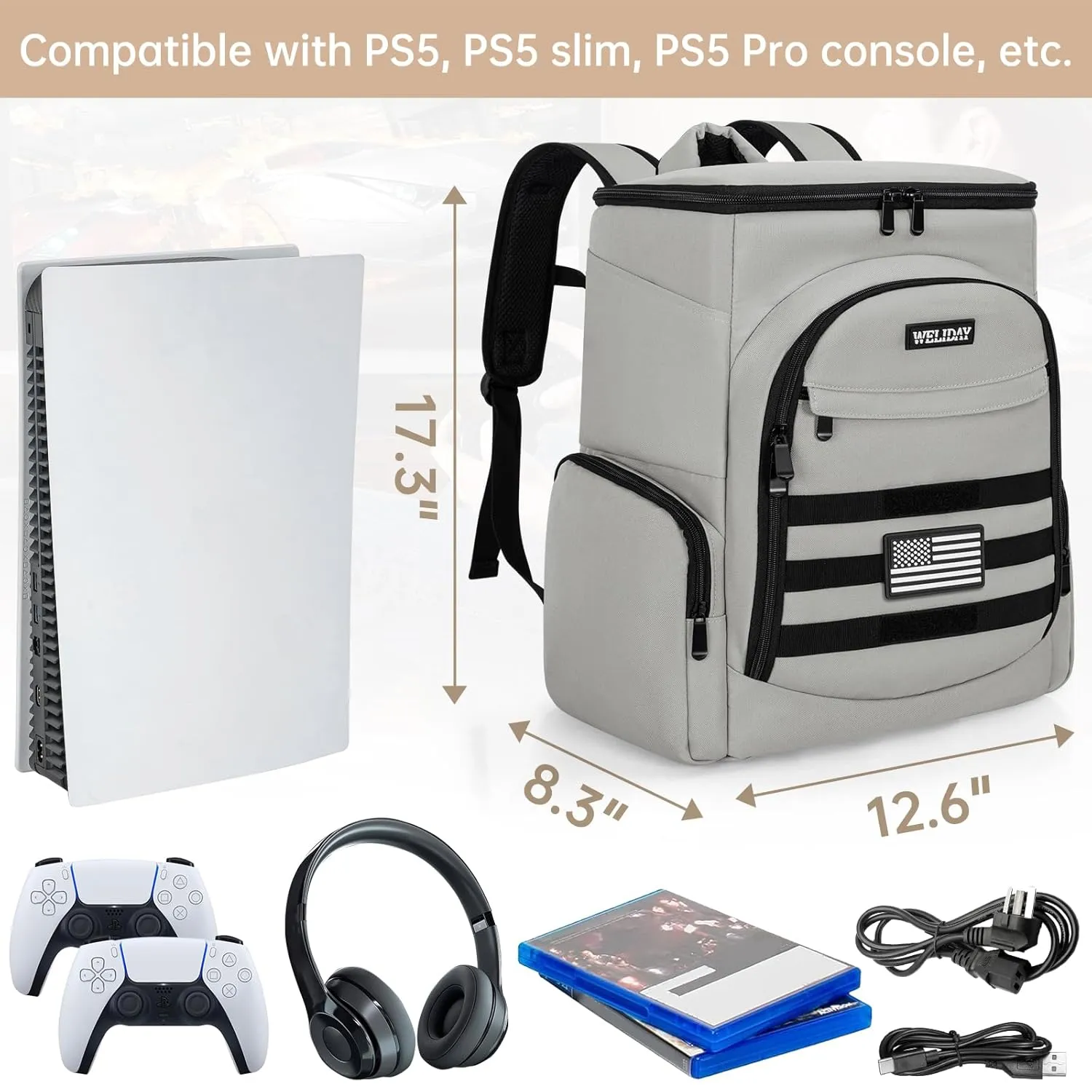 WELIDAY Gaming Console Backpack Compatible with PS5/PS5 Slim/PS5 Pro, Protective Travel Case with 15.6 Laptop Compartment and Multiple Pockets (Grey)