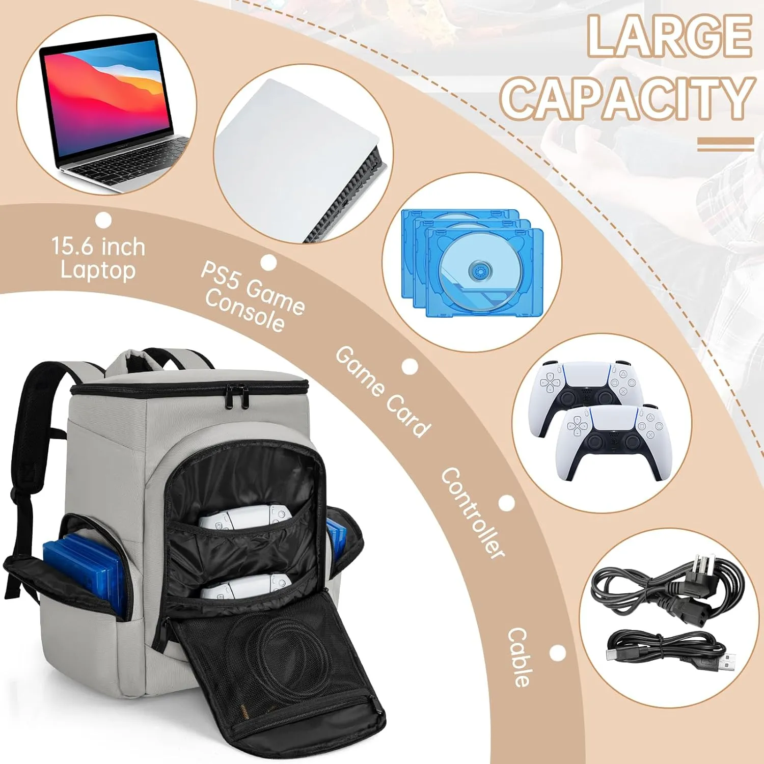 WELIDAY Gaming Console Backpack Compatible with PS5/PS5 Slim/PS5 Pro, Protective Travel Case with 15.6 Laptop Compartment and Multiple Pockets (Grey)
