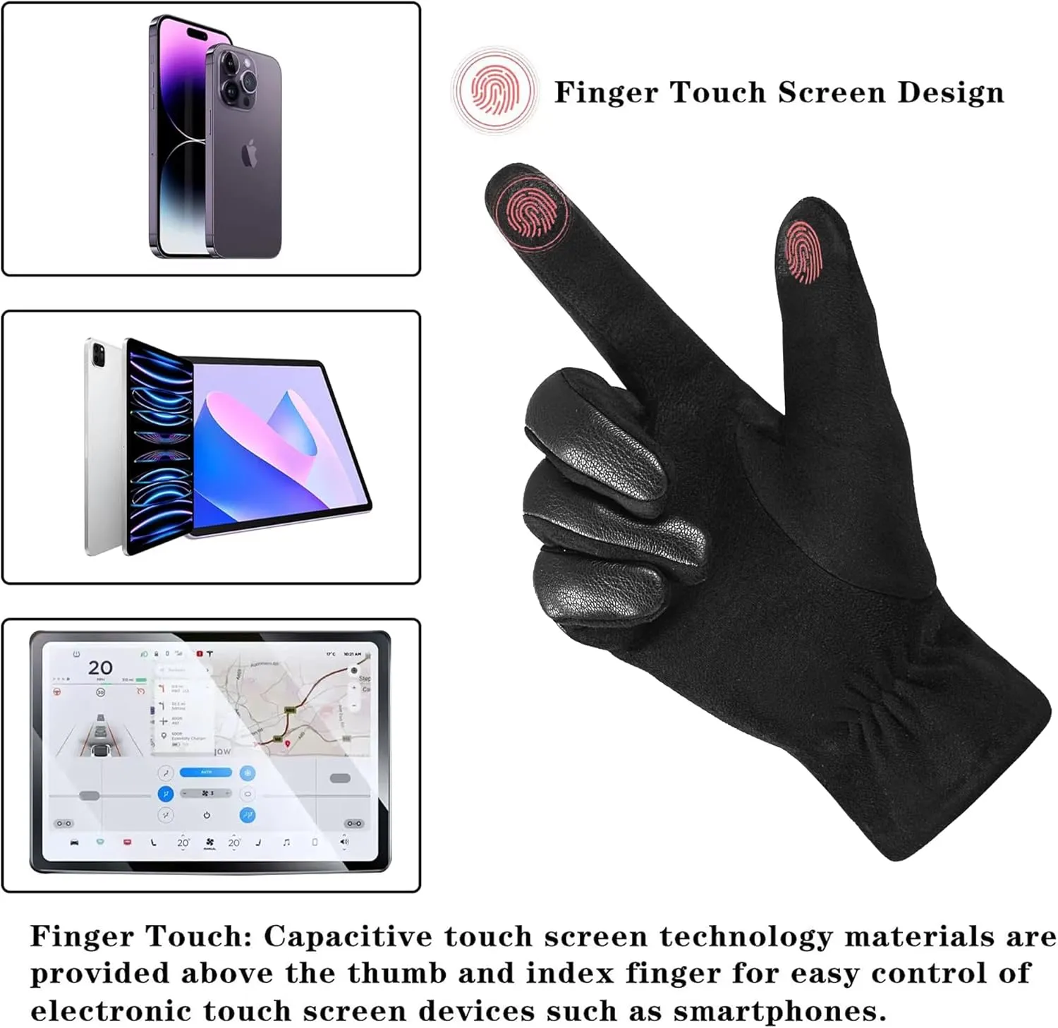 Winter Fashion Leather Gloves for Men, Finger Touchscreen Texting Wool Lined Warm Windproof Suede Driving Gloves