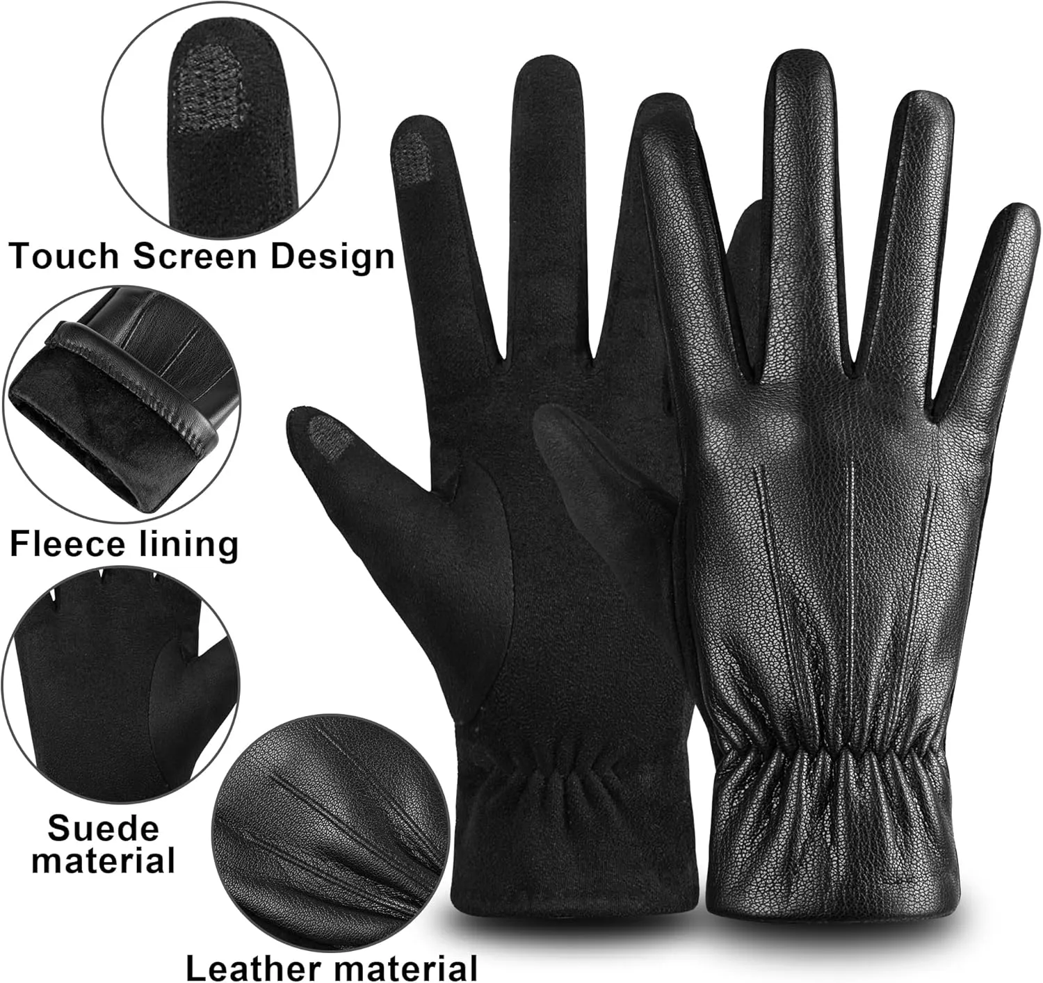 Winter Fashion Leather Gloves for Men, Finger Touchscreen Texting Wool Lined Warm Windproof Suede Driving Gloves