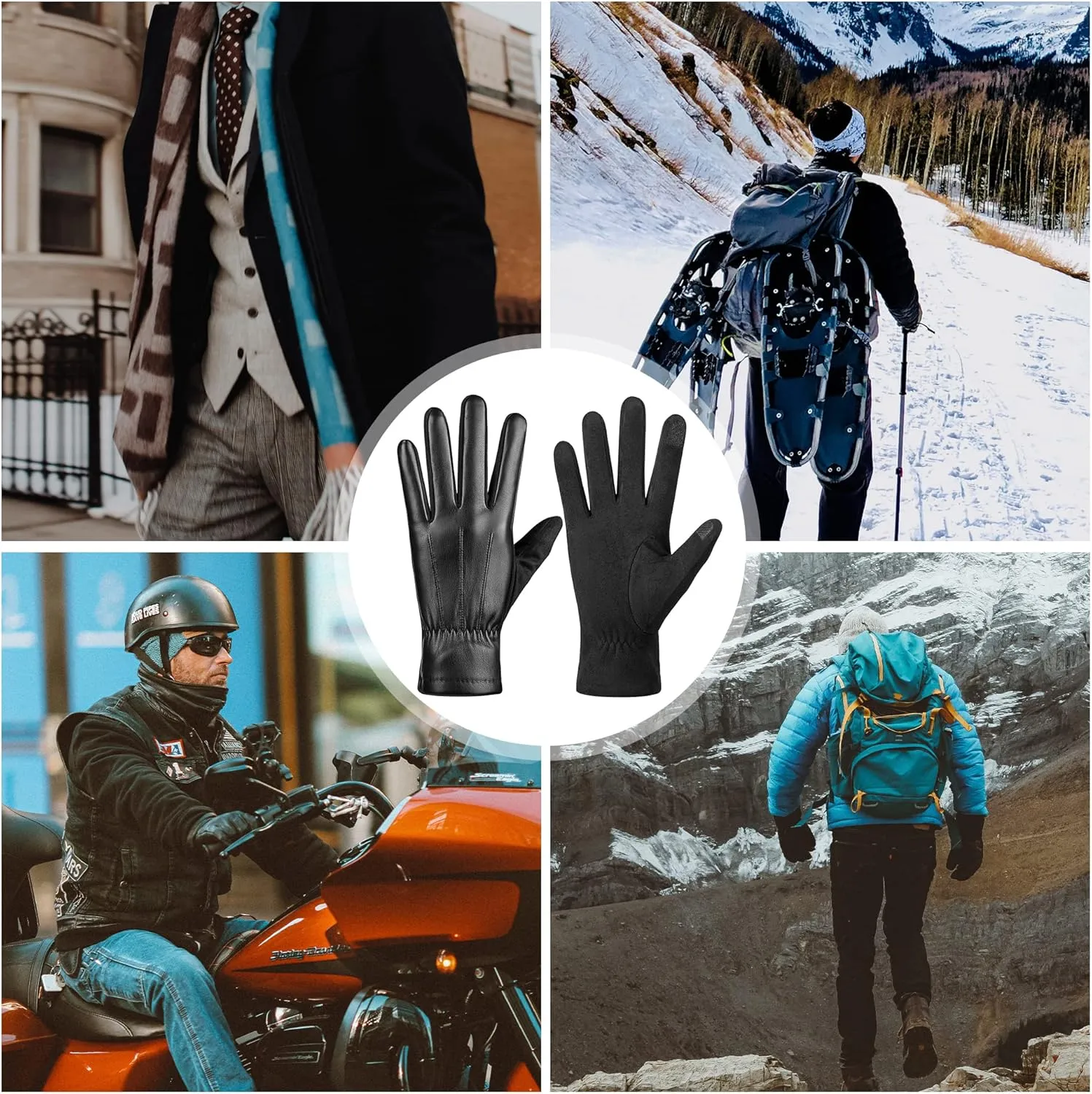 Winter Fashion Leather Gloves for Men, Finger Touchscreen Texting Wool Lined Warm Windproof Suede Driving Gloves