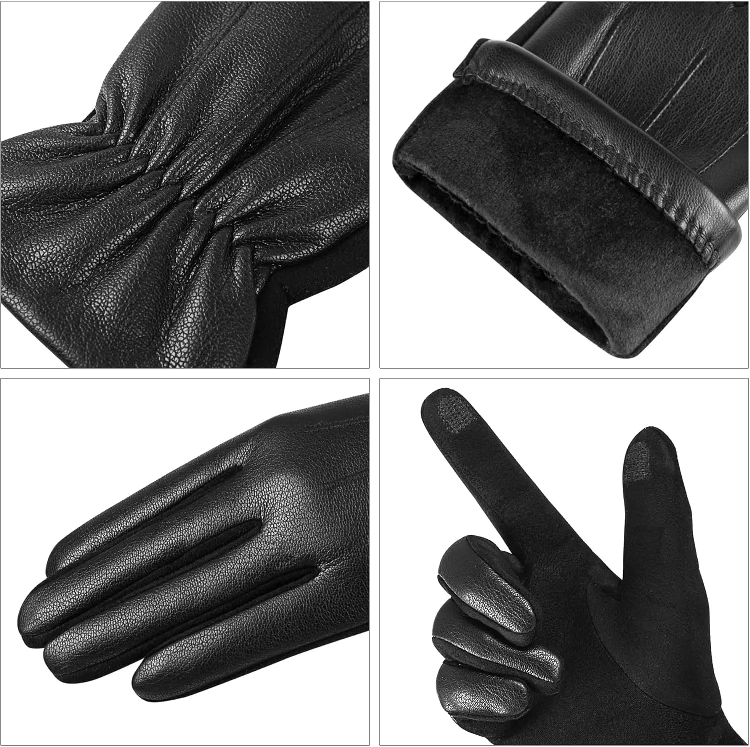 Winter Fashion Leather Gloves for Men, Finger Touchscreen Texting Wool Lined Warm Windproof Suede Driving Gloves