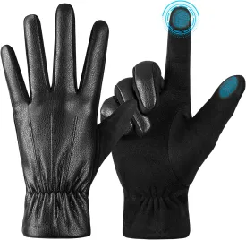 Winter Fashion Leather Gloves for Men, Finger Touchscreen Texting Wool Lined Warm Windproof Suede Driving Gloves