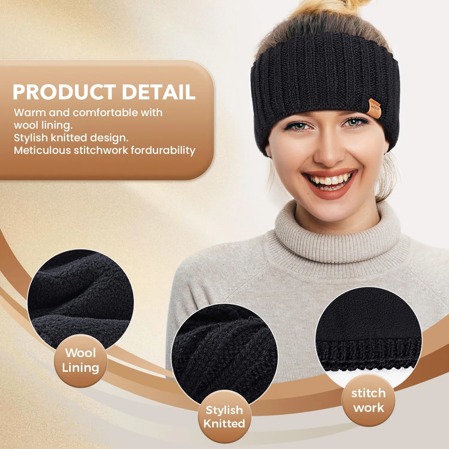 Winter Headbands for Women 3 Pack, Ear Warmers for Women Headband Wool Knit Thick Fleece Lined, Cold Weather Warm Ear Muffs