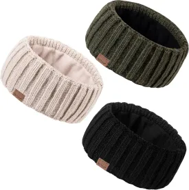 Winter Headbands for Women 3 Pack, Ear Warmers for Women Headband Wool Knit Thick Fleece Lined, Cold Weather Warm Ear Muffs