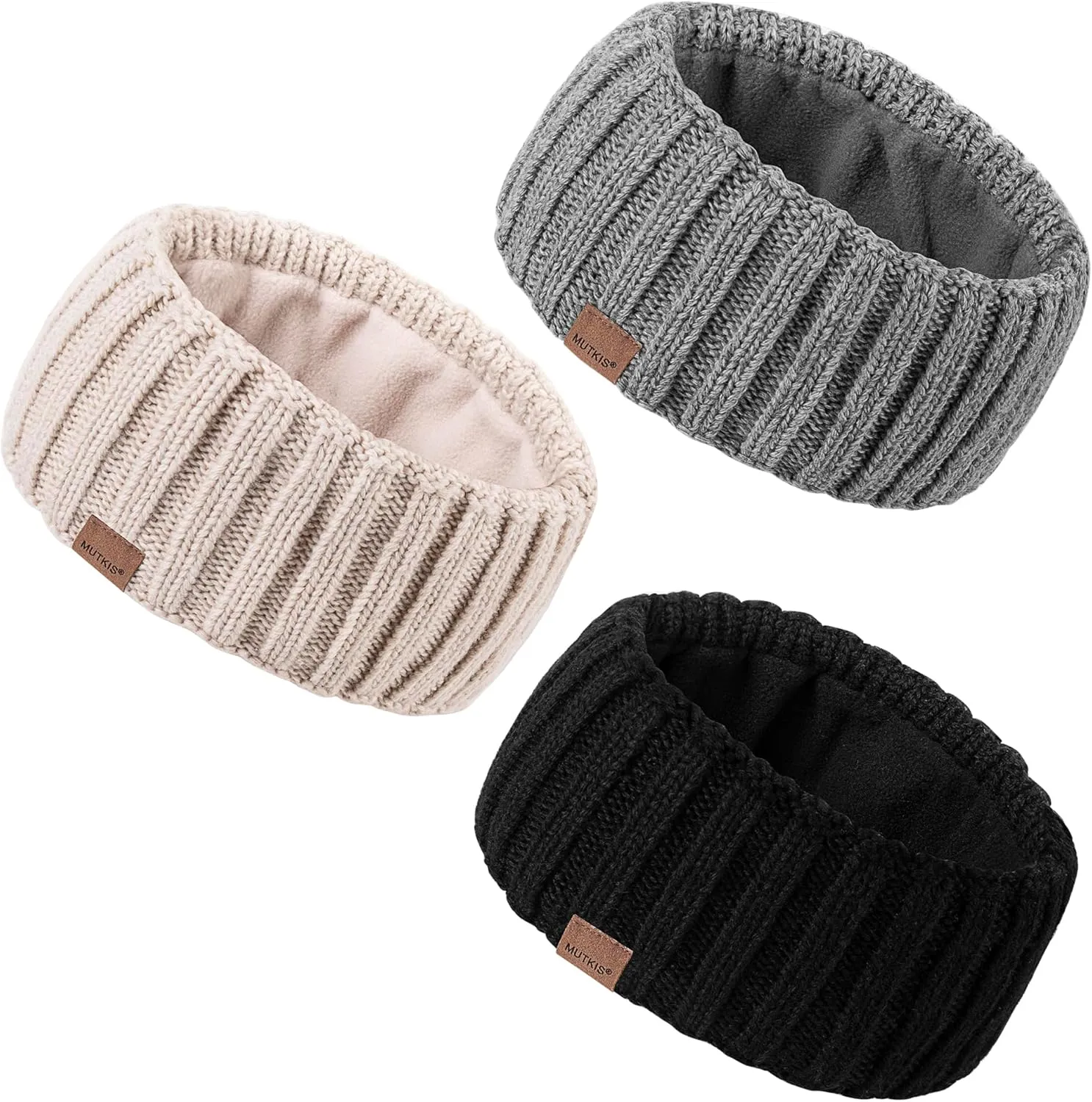 Winter Headbands for Women 3 Pack, Ear Warmers for Women Headband Wool Knit Thick Fleece Lined, Cold Weather Warm Ear Muffs
