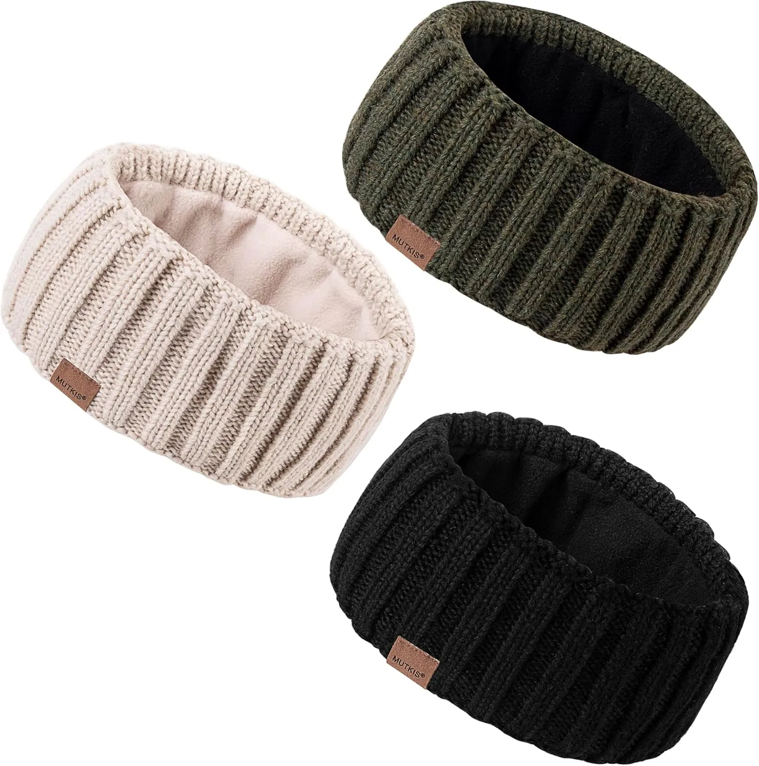 Winter Headbands for Women 3 Pack, Ear Warmers for Women Headband Wool Knit Thick Fleece Lined, Cold Weather Warm Ear Muffs