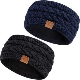 Winter Headbands for Women Wool 2 Pack, Ear Warmers for Women Headband Knit Thick Fleece Lined, Cold Weather Warm Ear Muffs
