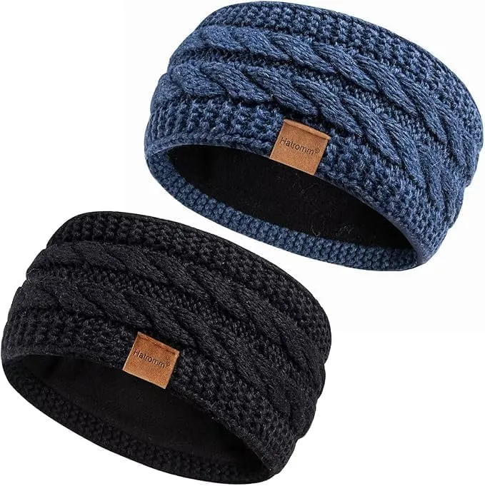 Winter Headbands for Women Wool 2 Pack, Ear Warmers for Women Headband Knit Thick Fleece Lined, Cold Weather Warm Ear Muffs