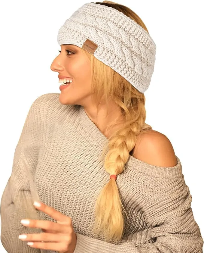 Winter Headbands for Women Wool 2 Pack, Ear Warmers for Women Headband Knit Thick Fleece Lined, Cold Weather Warm Ear Muffs