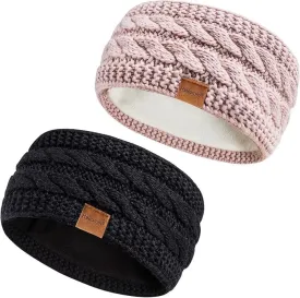 Winter Headbands for Women Wool 2 Pack, Ear Warmers for Women Headband Knit Thick Fleece Lined, Cold Weather Warm Ear Muffs
