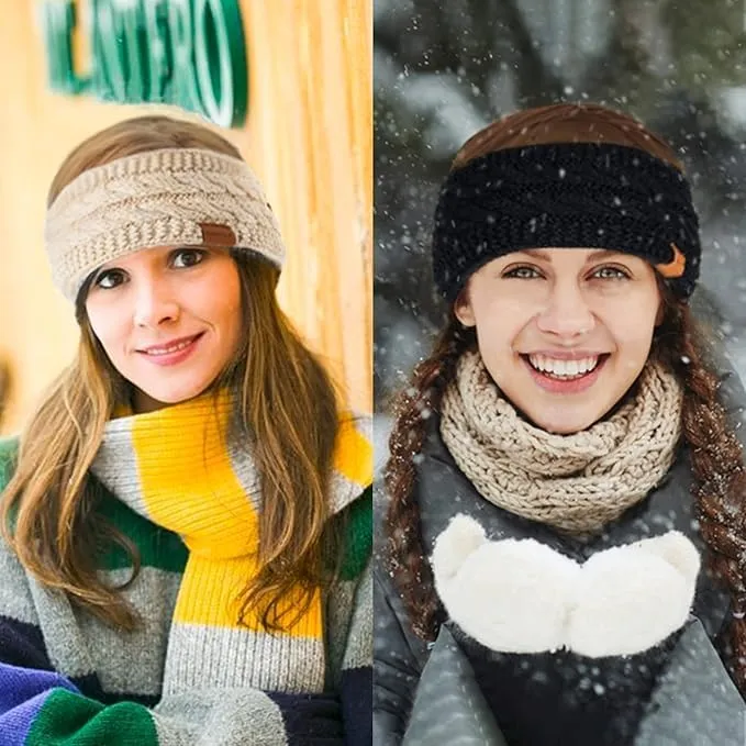 Winter Headbands for Women Wool 2 Pack, Ear Warmers for Women Headband Knit Thick Fleece Lined, Cold Weather Warm Ear Muffs