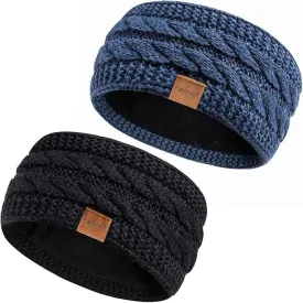 Winter Headbands for Women Wool 2 Pack, Ear Warmers for Women Headband Knit Thick Fleece Lined, Cold Weather Warm Ear Muffs