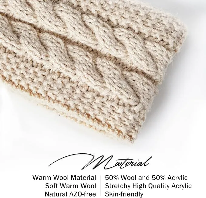 Winter Headbands for Women Wool 2 Pack, Ear Warmers for Women Headband Knit Thick Fleece Lined, Cold Weather Warm Ear Muffs