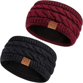 Winter Headbands for Women Wool 2 Pack, Ear Warmers for Women Headband Knit Thick Fleece Lined, Cold Weather Warm Ear Muffs